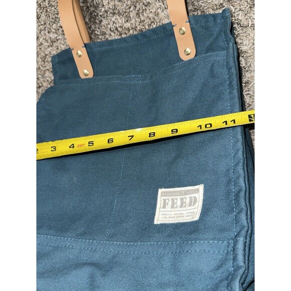 FEED Projects Tote Bag Reusable Teal Canvas Market Pockets Faux Leather Straps - Picture 6 of 11